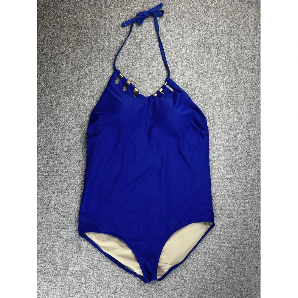 Cacique One Piece Swimsuit Plus Size 22 Royal Blue Halter Gold Hardware Wireless